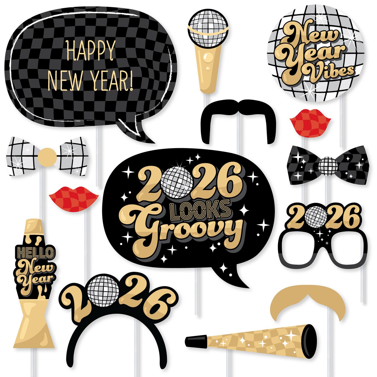 Big Dot of Happiness Disco New Year - Groovy 2026 NYE Party Photo Booth Props Kit - 20 Count
